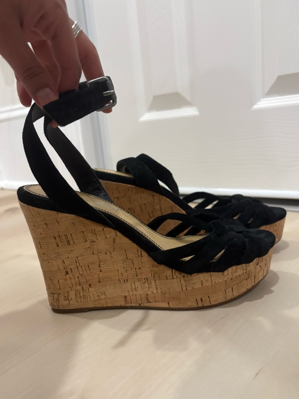 Black Cork Wedge Sandals with Ankle Strap